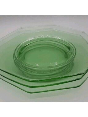 Vintage Octagon Green Uranium Side Plates No Pattern Three 7 1/4 Inch